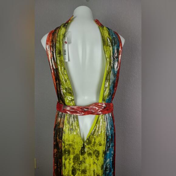 ALICE + OLIVIA Mertie Mock Neck Pleated Silk-Blend Maxi Striped Dress Size 8 - Picture 9 of 16